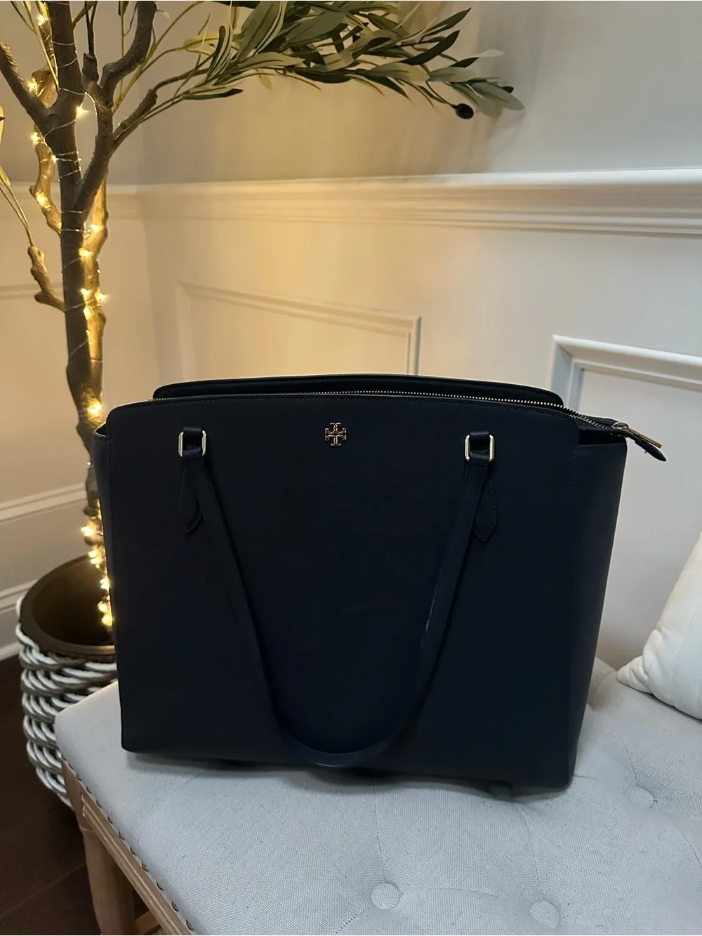 Tory Burch Navy Saffiano Leather Tote with Gold Logo